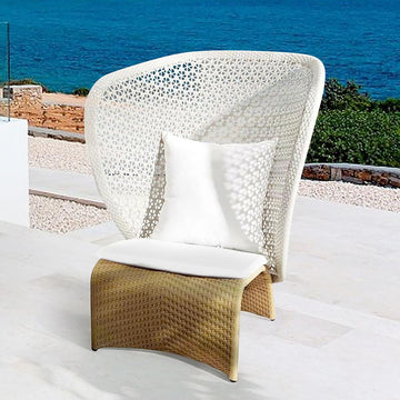 Hofer Rattan Outdoor Wingback Chair with White Cushion Pillow with Arched Bottom